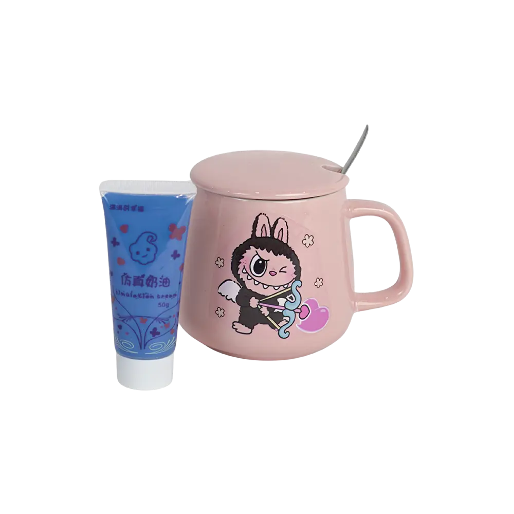 Porcelain labubu design pink mug with spoon, stickers & glue