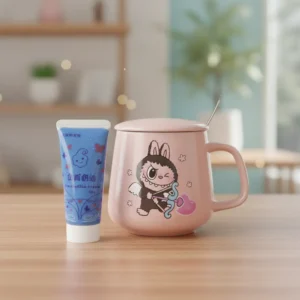 Porcelain labubu design pink mug with spoon, stickers & glue1