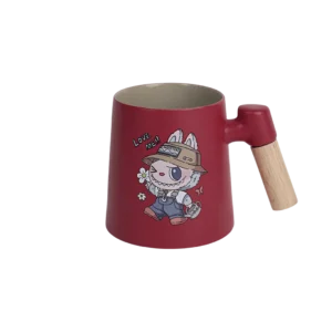 Porcelain labubu design red mug with wooden handle