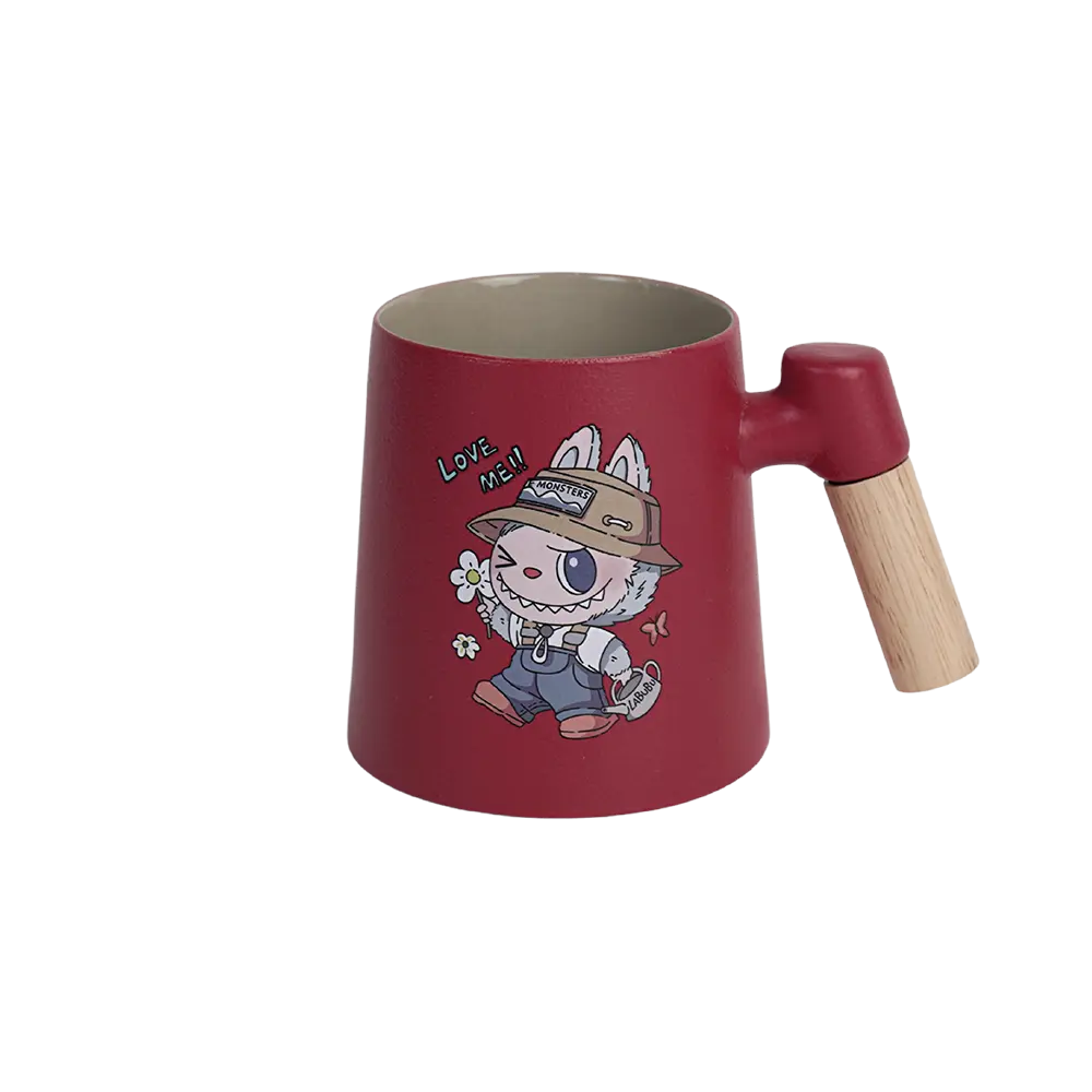 Porcelain labubu design red mug with wooden handle