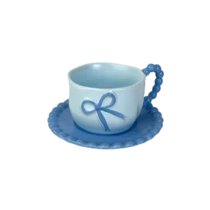 Ceramic Coquette Bow Design Blue Mug with Saucer