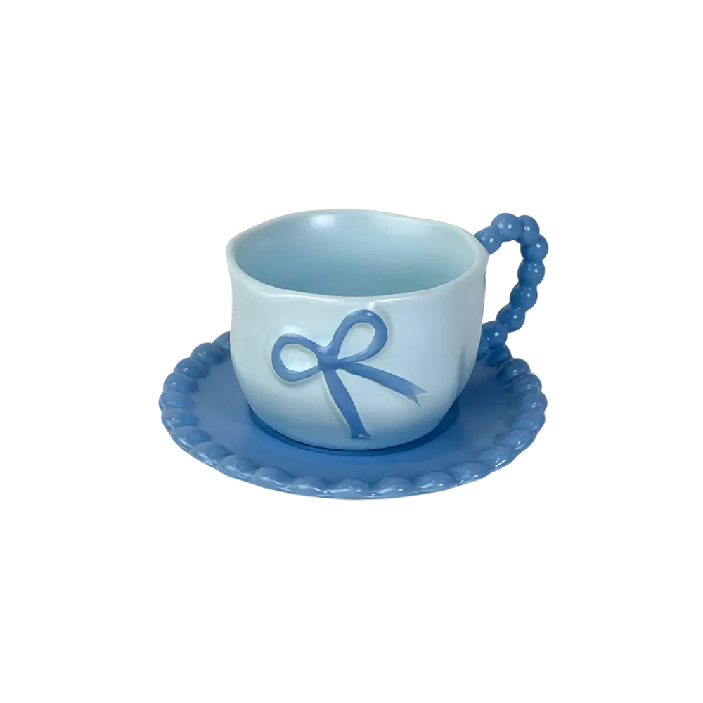 Ceramic Coquette Bow Design Blue Mug with Saucer