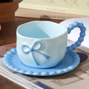 Ceramic Coquette Bow Design Blue Mug with Saucer1