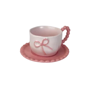 Ceramic Coquette Bow Design Pink Mug with Saucer