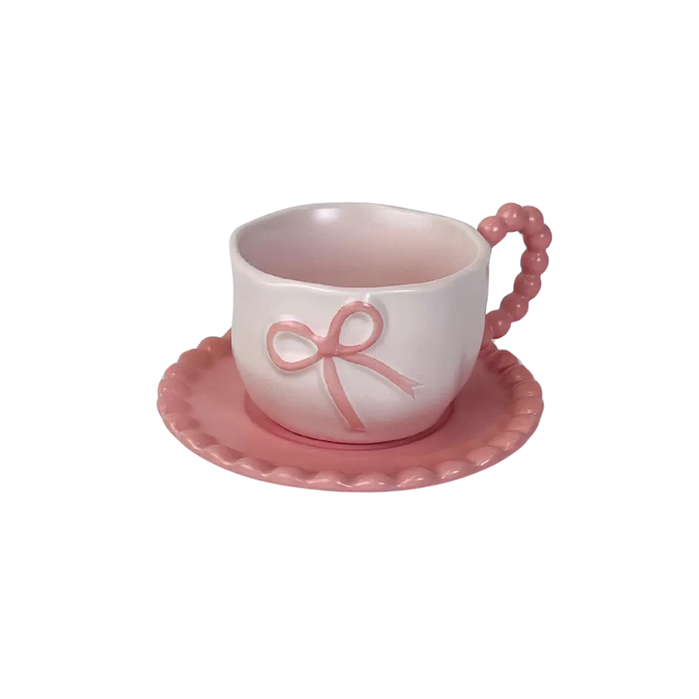 Ceramic Coquette Bow Design Pink Mug with Saucer