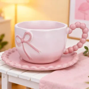 Ceramic Coquette Bow Design Pink Mug with Saucer1