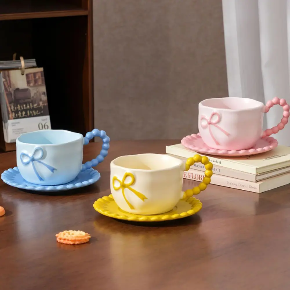 Ceramic Coquette Bow Design Pink Mug with Saucer2