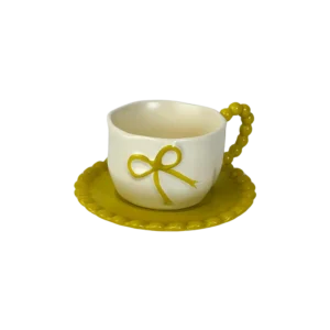 Ceramic Coquette Bow Design Yellow Mug with Saucer