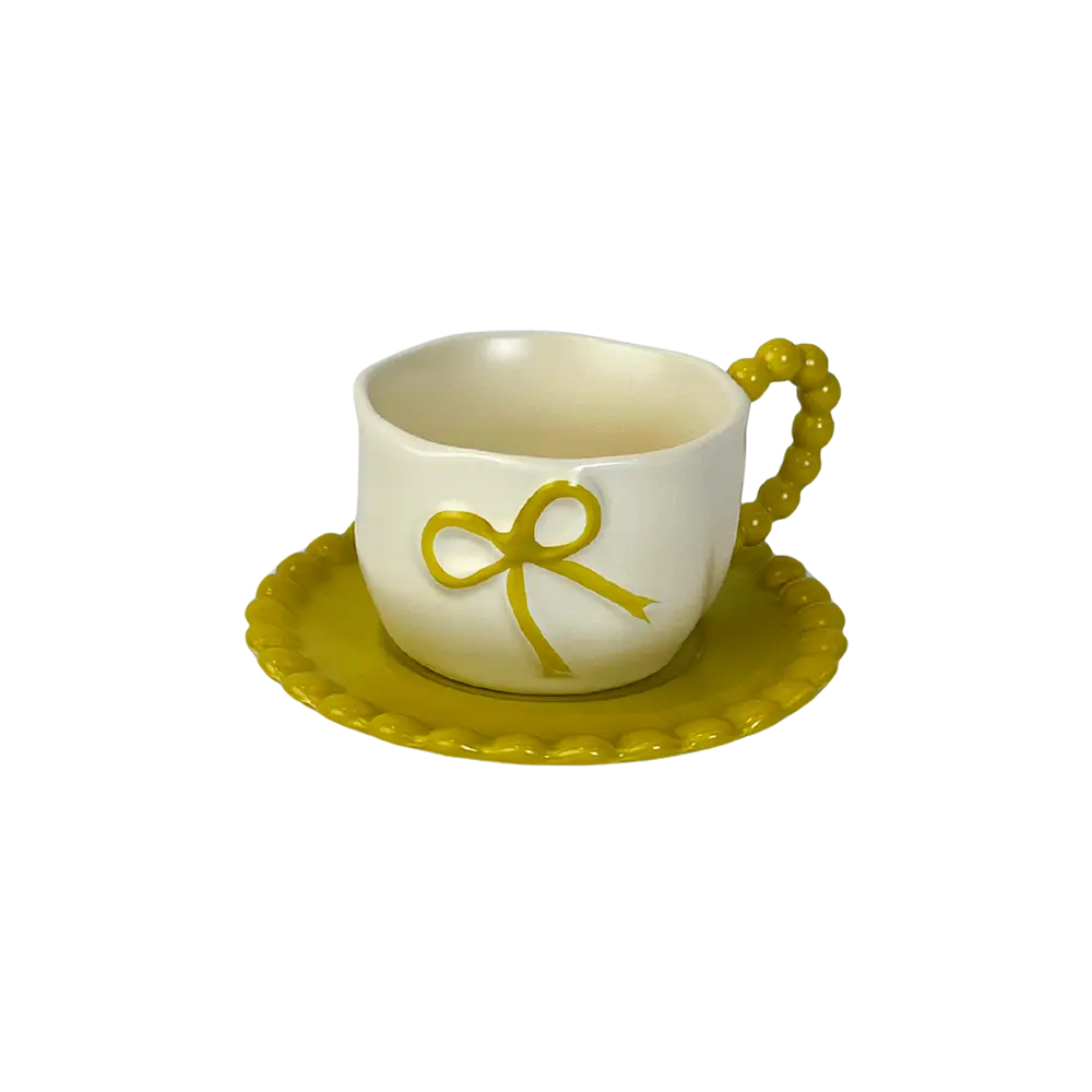Ceramic Coquette Bow Design Yellow Mug with Saucer