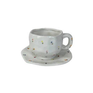 Ceramic Flowers Design White Mug with Saucer