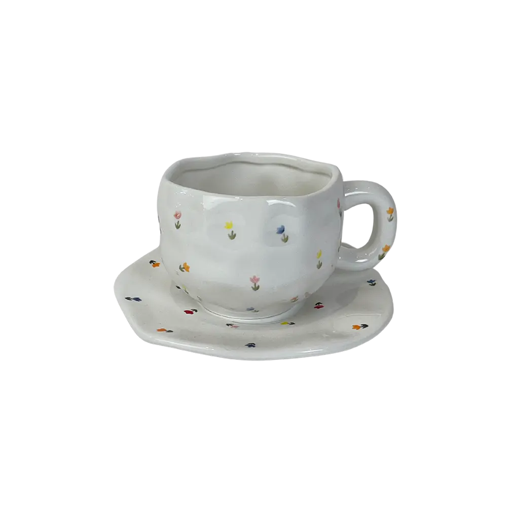 Ceramic Flowers Design White Mug with Saucer