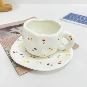 Ceramic Flowers Design White Mug with Saucer1
