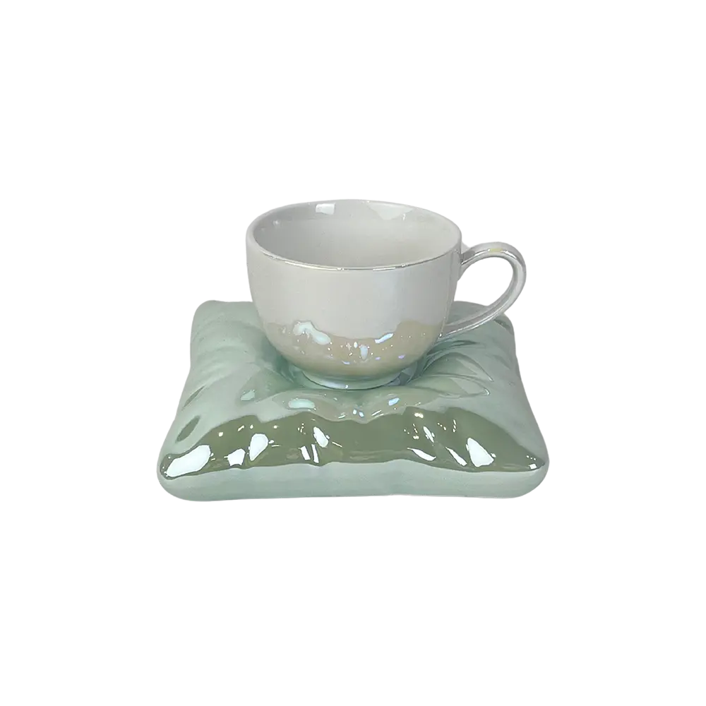 Ceramic White Mug with Blue Saucer