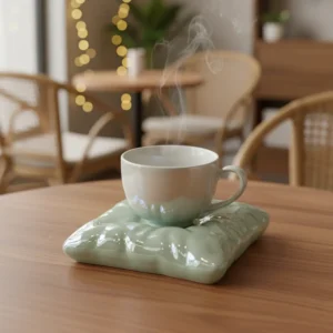 Ceramic White Mug with Blue Saucer1