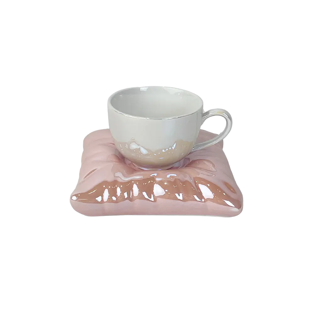 Ceramic White Mug with Pink Saucer