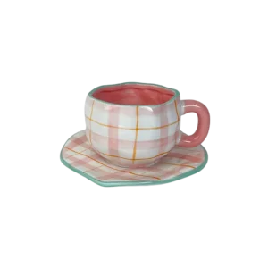 Ceramic White & Pink Mug with Saucer