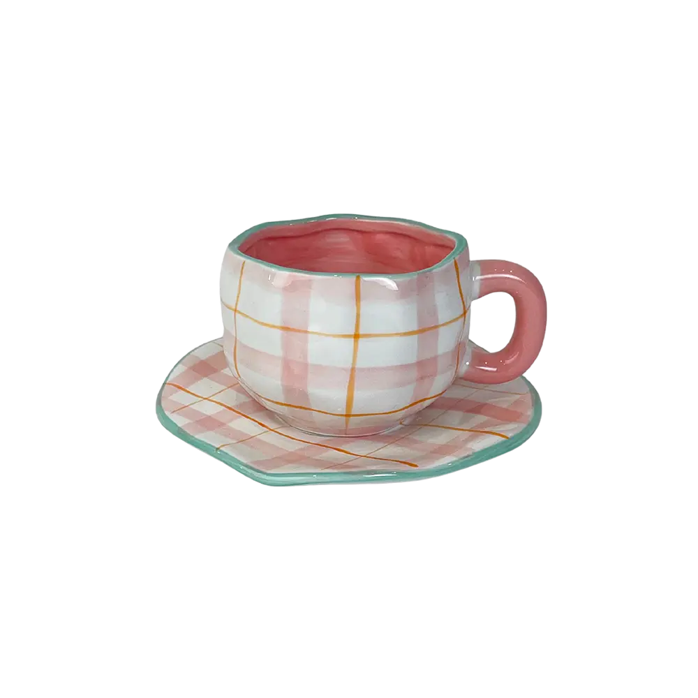 Ceramic White & Pink Mug with Saucer