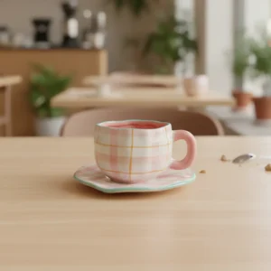 Ceramic White & Pink Mug with Saucer1