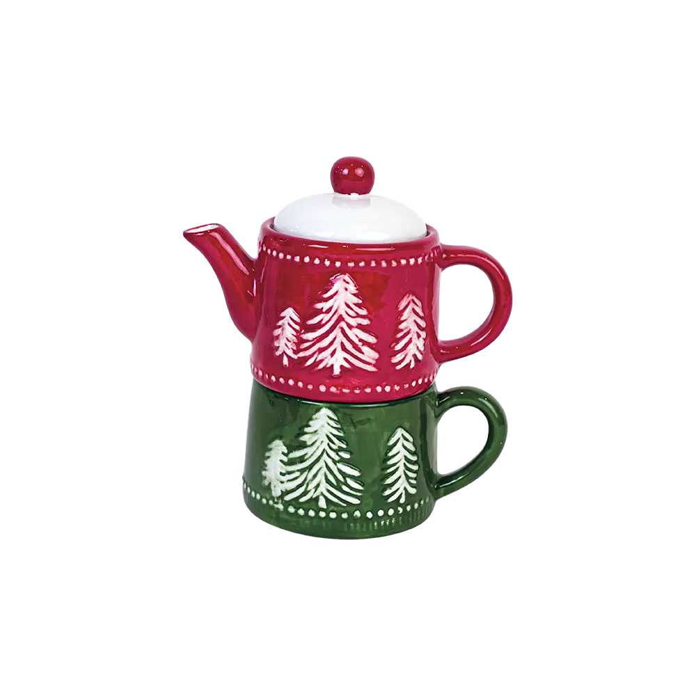 Christmas 2pc Red & Green Teapot & Mug Set