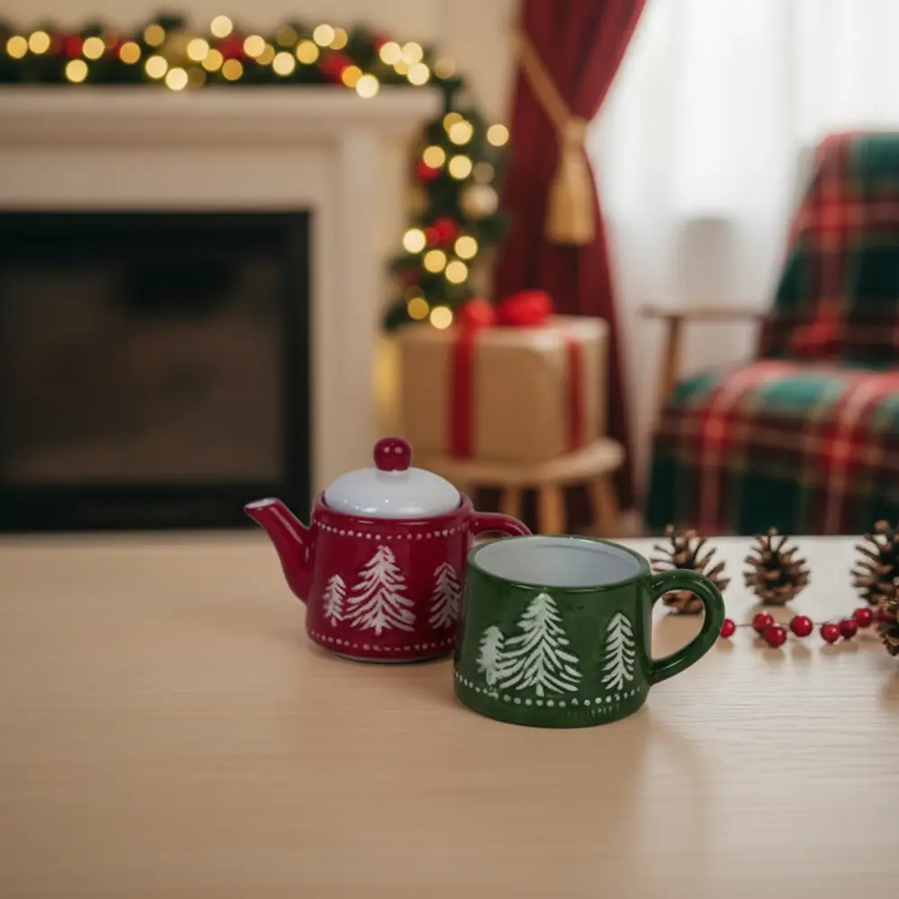 Christmas 2pc Red & Green Teapot & Mug Set1