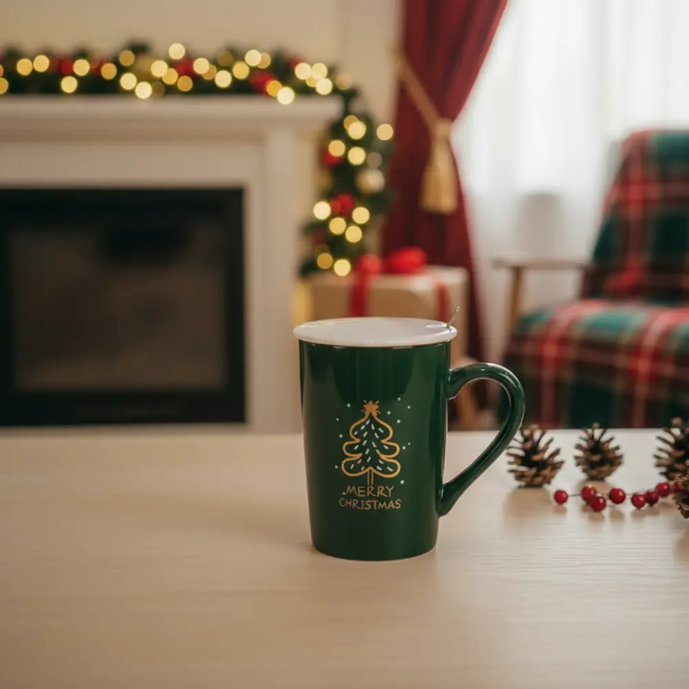 Christmas Green Mug with White Lid & Spoon1