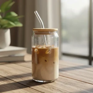Glass 350ml Transparent Mug with Wooden Lid1