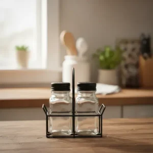 Glass Salt & Pepper Shaker Set with Metal Holder1