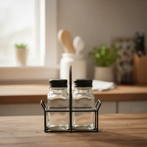 Glass Salt & Pepper Shaker Set with Metal Holder1