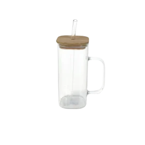 Glass Transparent Mug with Handle & Wooden Lid