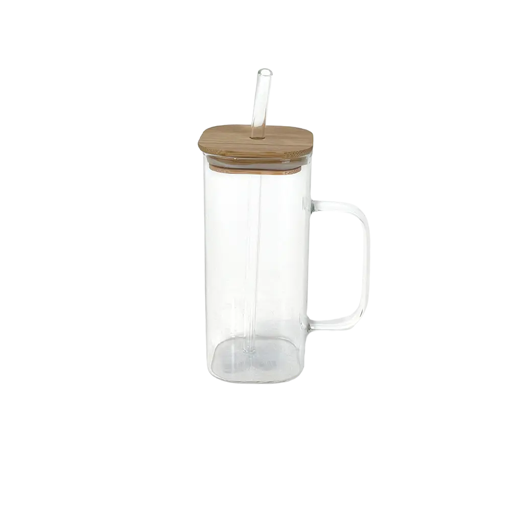 Glass Transparent Mug with Handle & Wooden Lid