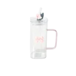 Glass Transparent Mug with Pink Handle & Lid