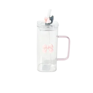 Glass Transparent Mug with Pink Handle & Lid