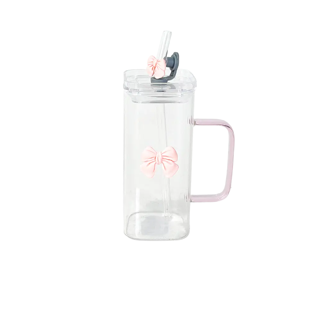 Glass Transparent Mug with Pink Handle & Lid