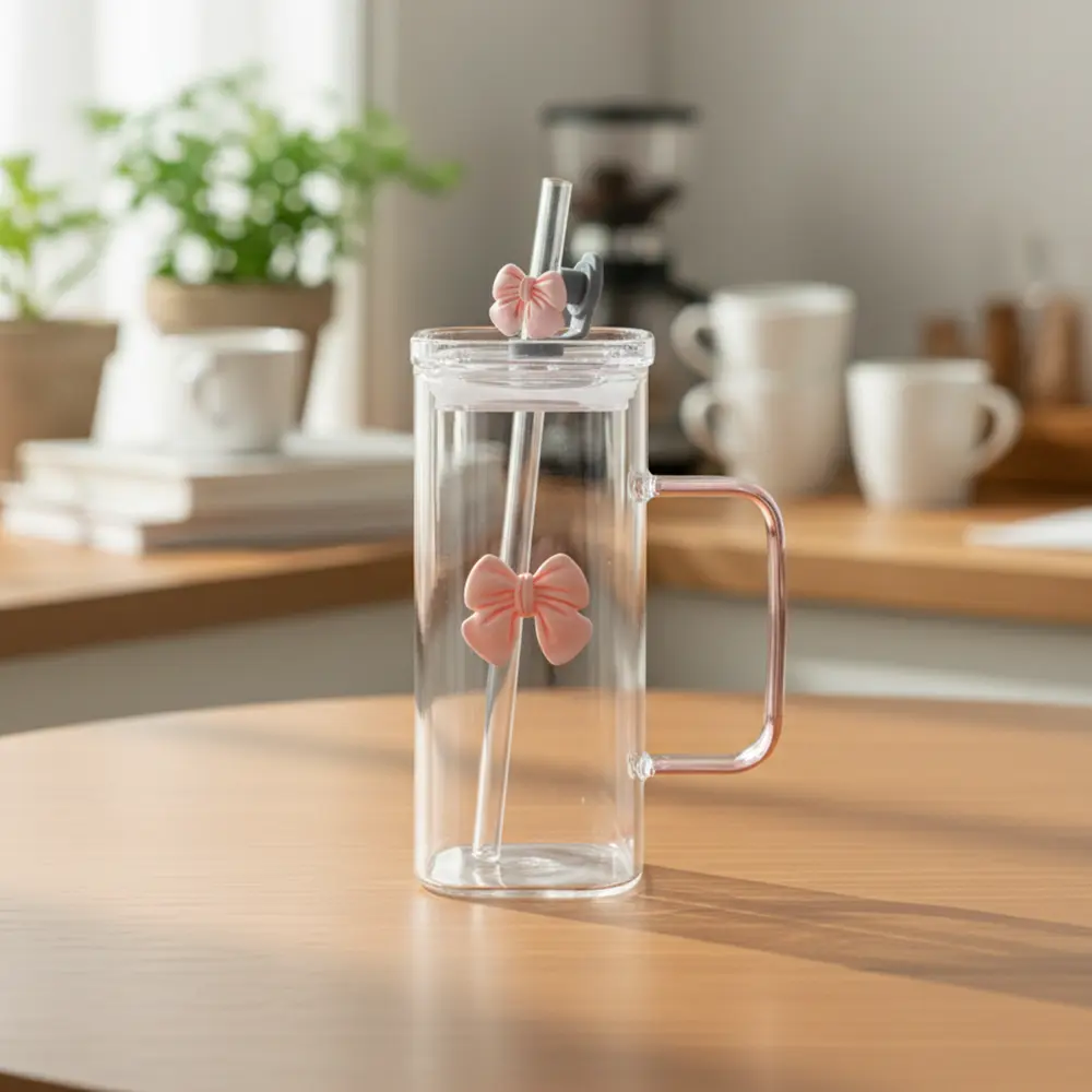 Glass Transparent Mug with Pink Handle & Lid1