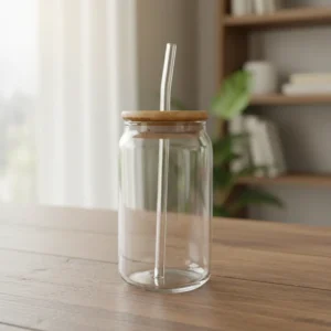 Glass Transparent Mug with Wooden Lid1
