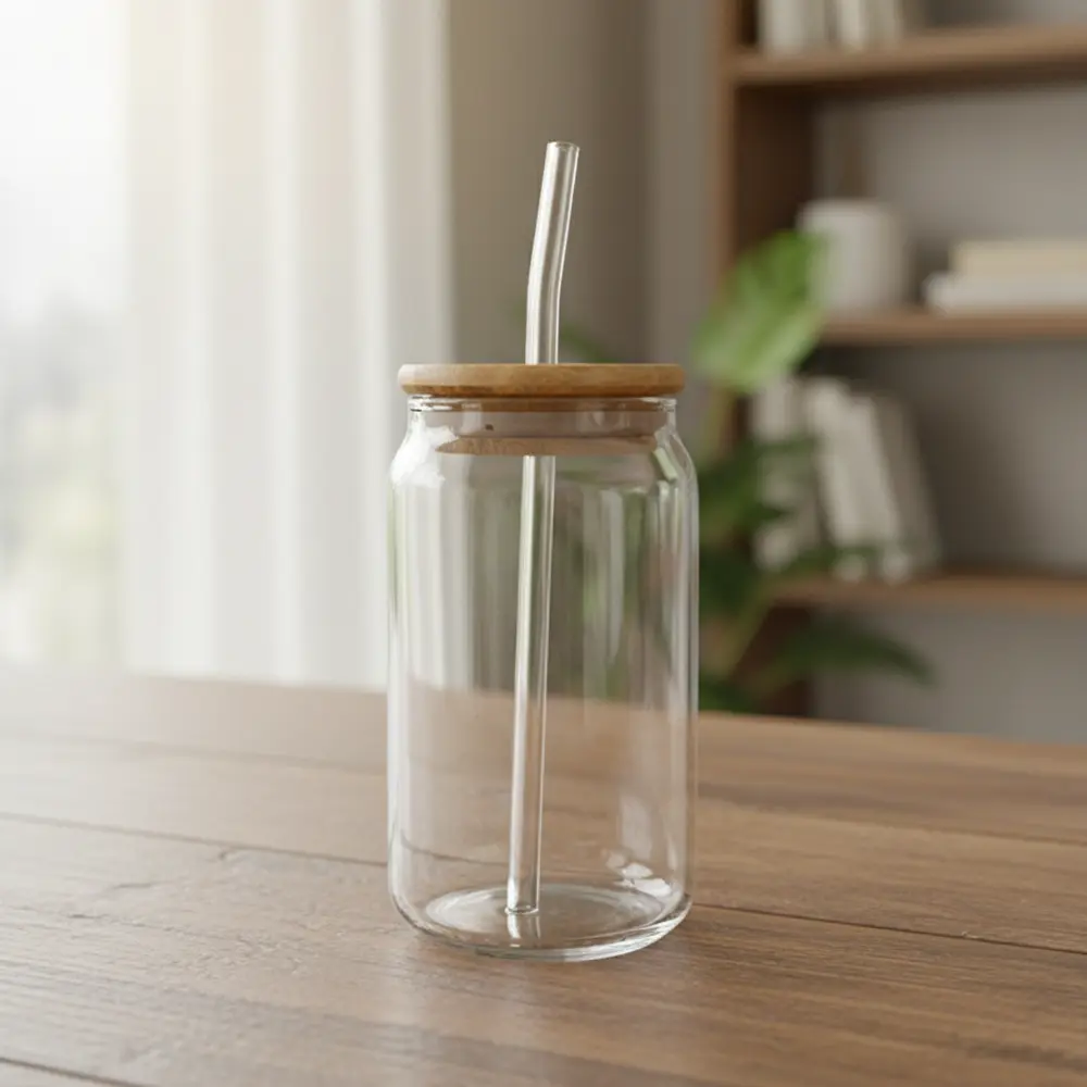 Glass Transparent Mug with Wooden Lid1