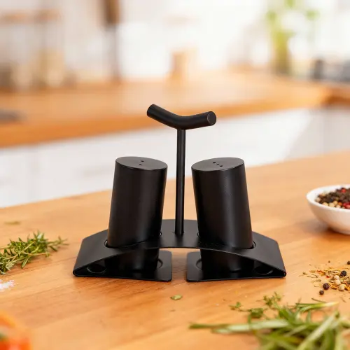 Matte-Black-Salt-&-Pepper-Shaker-Set-with-Curved-Base1 Matte Black Salt & Pepper Shaker Set with Curved Base1