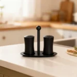 Modern Matte Black Salt & Pepper Shaker Set with Stand1