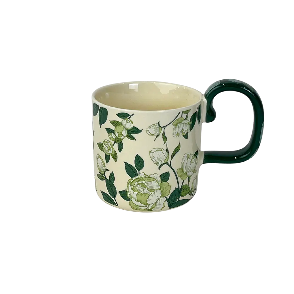 Porcelain Floral Design Mug with Green Handle