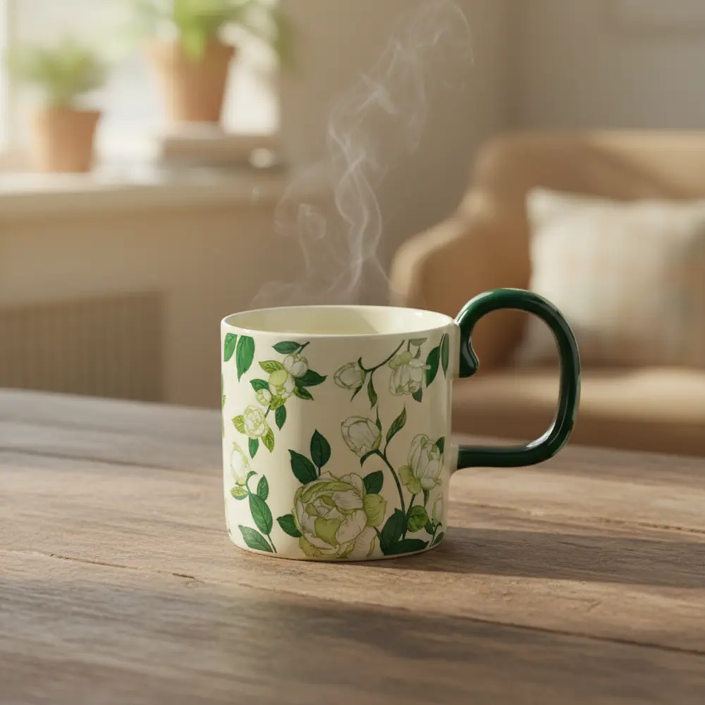 Porcelain Floral Design Mug with Green Handle1