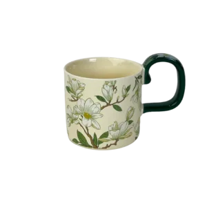 Porcelain Flowers Design Mug with Green Handle
