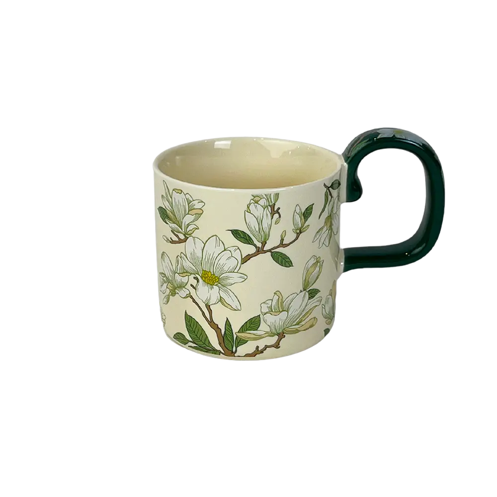 Porcelain-Flowers-Design-Mug-with-Green-Handle Porcelain Flowers Design Mug with Green Handle