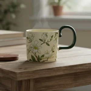 Porcelain Flowers Design Mug with Green Handle1