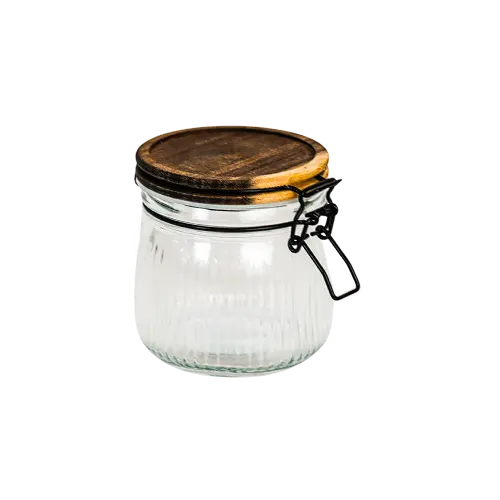 Ribbed Glass Storage Jar with Wooden Clamp Lid 600ml