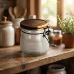 Ribbed Glass Storage Jar with Wooden Clamp Lid 600ml1