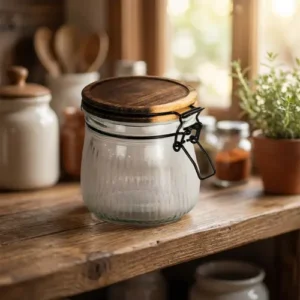 Ribbed Glass Storage Jar with Wooden Clamp Lid 600ml1