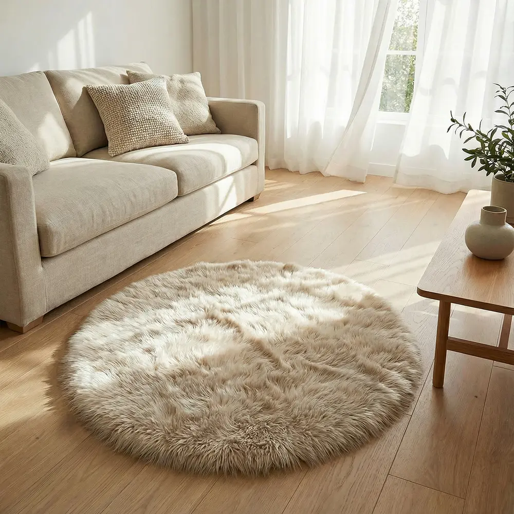 Beige Round Shape 120cm Fur Rug