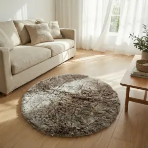 Beige & White Round Shape 120cm Fur Rug