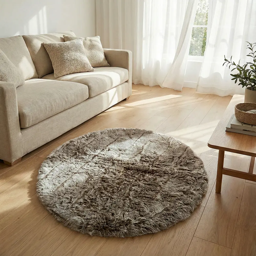 Beige & White Round Shape 120cm Fur Rug