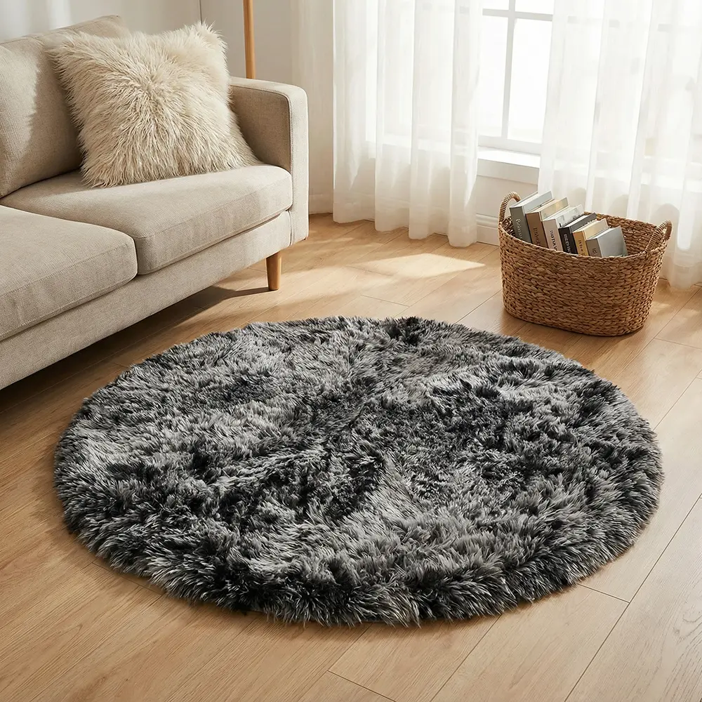 Black-&-Beige-Round-Shape-120cm-Fur-Rug Black & Beige Round Shape 120cm Fur Rug